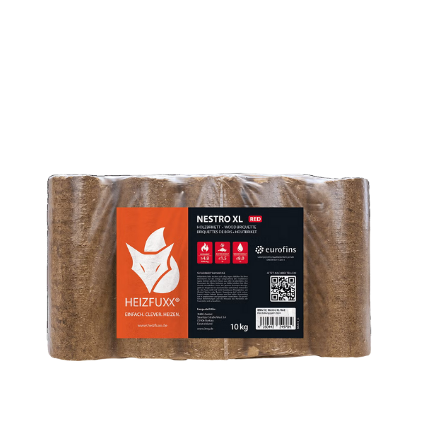Heizfuxx Nestro XL Rot Hartholzbriketts – 960 kg Palette (96 × 10 kg Gebinde) – Hochverdichtete Holzbriketts für Kamin & Ofen