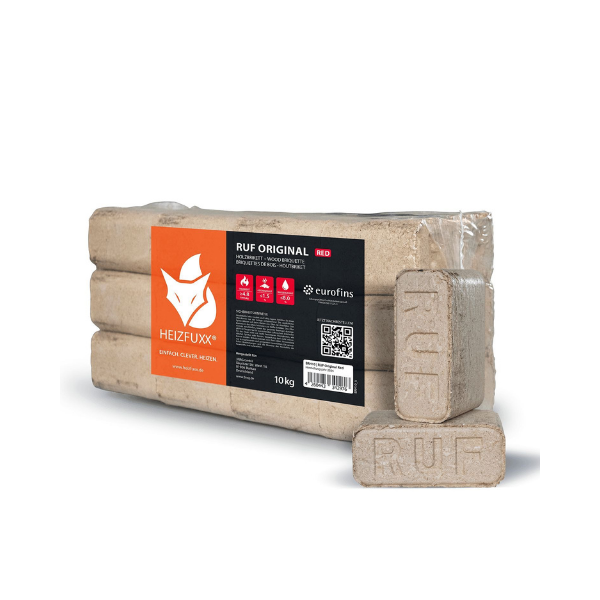 Heizfuxx RUF Original Red Hartholzbriketts – 960 kg Palette (96 × 10 kg) – Hochverdichtete RUF-Briketts für Kamin & Ofen